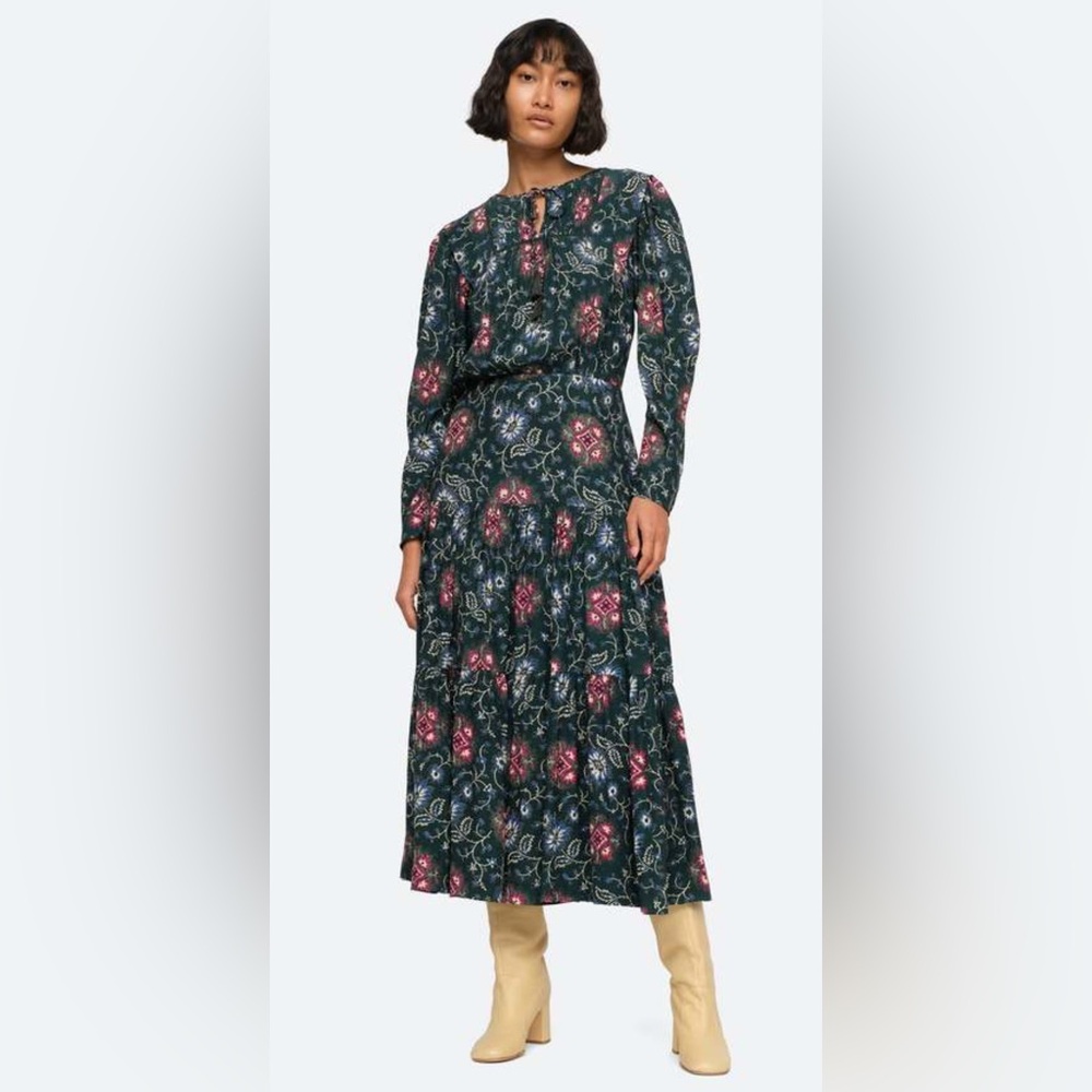 Sea New York Forest Green Floral Tiered Maxi Dress with Pink and Blue Motifs